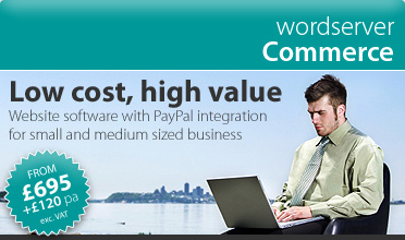 wordserver Commerce > e300 | website software for small and medium sized businesses > Low cost website software package with PayPal integration from £340 (exc. VAT) set-up and hosted the first 12 months! £120 (exc. VAT) per year thereafter - just £10 per month.